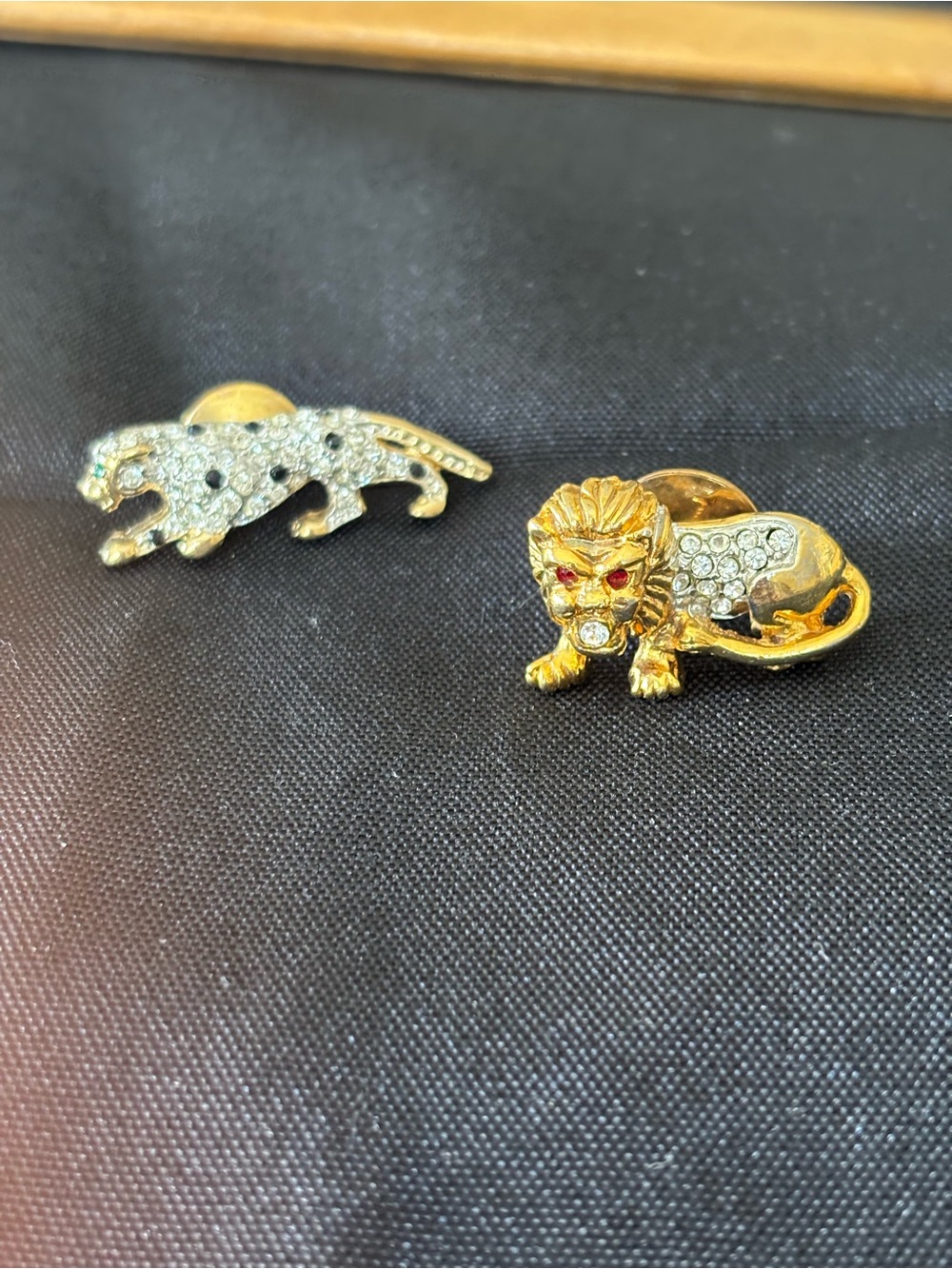 Gold Lion and Silver Panther Pin Set with Rhinestones